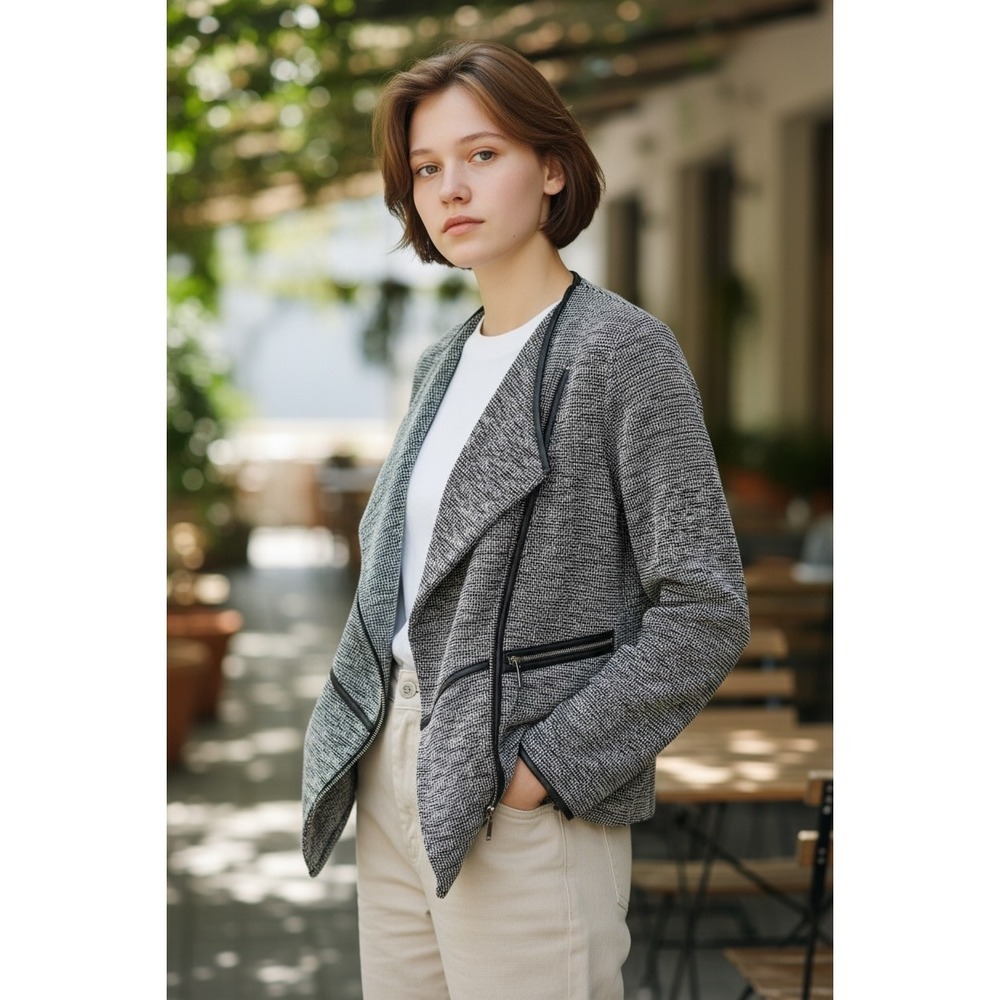 Rafaella Studio Women's Black White Textured Waterfall Collar Jacket L